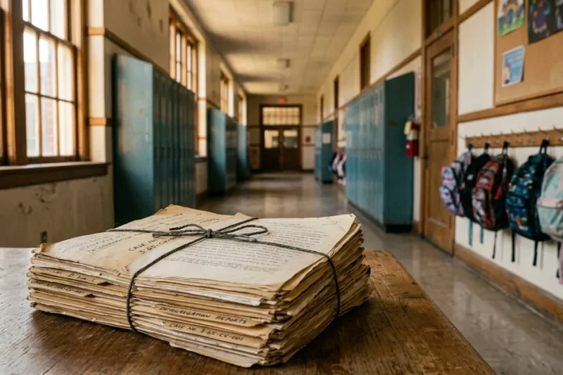 Stack of yellowed court case files tied with string on a table in an old school hallway lined with lockers and backpacks