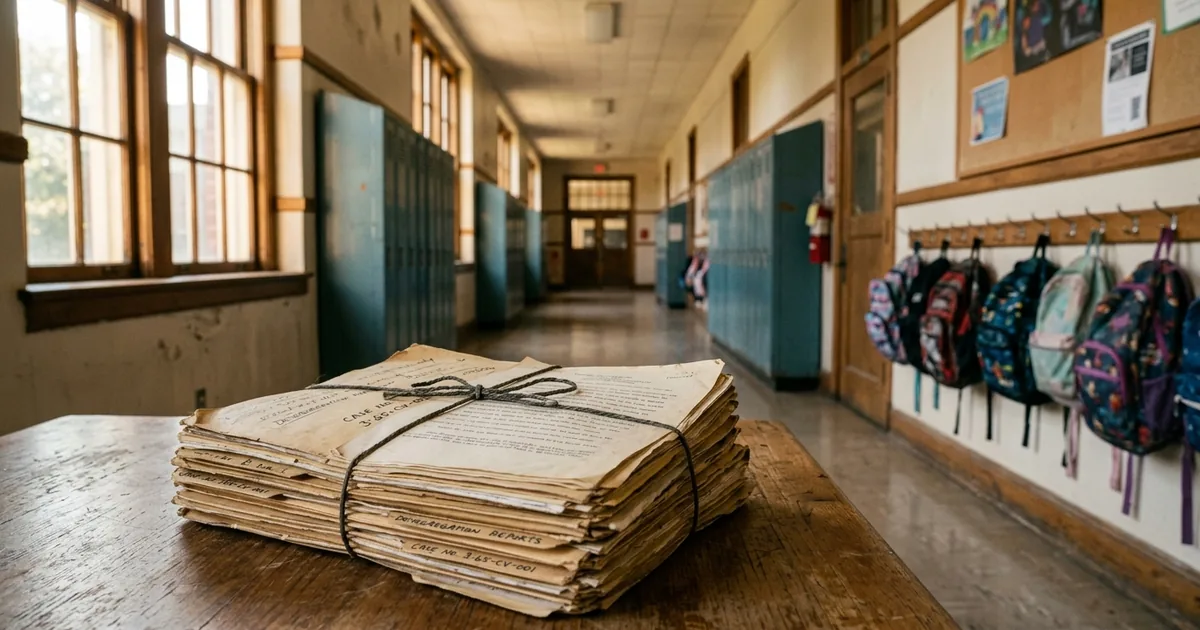 Stack of yellowed court case files tied with string on a table in an old school hallway lined with lockers and backpacks