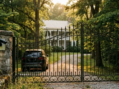 A closed wrought-iron estate gate at golden hour with a newly mounted security camera on the stone gatepost and an unmarked dark SUV parked inside the drive