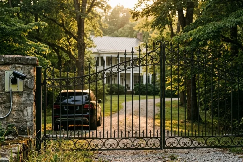 A closed wrought-iron estate gate at golden hour with a newly mounted security camera on the stone gatepost and an unmarked dark SUV parked inside the drive