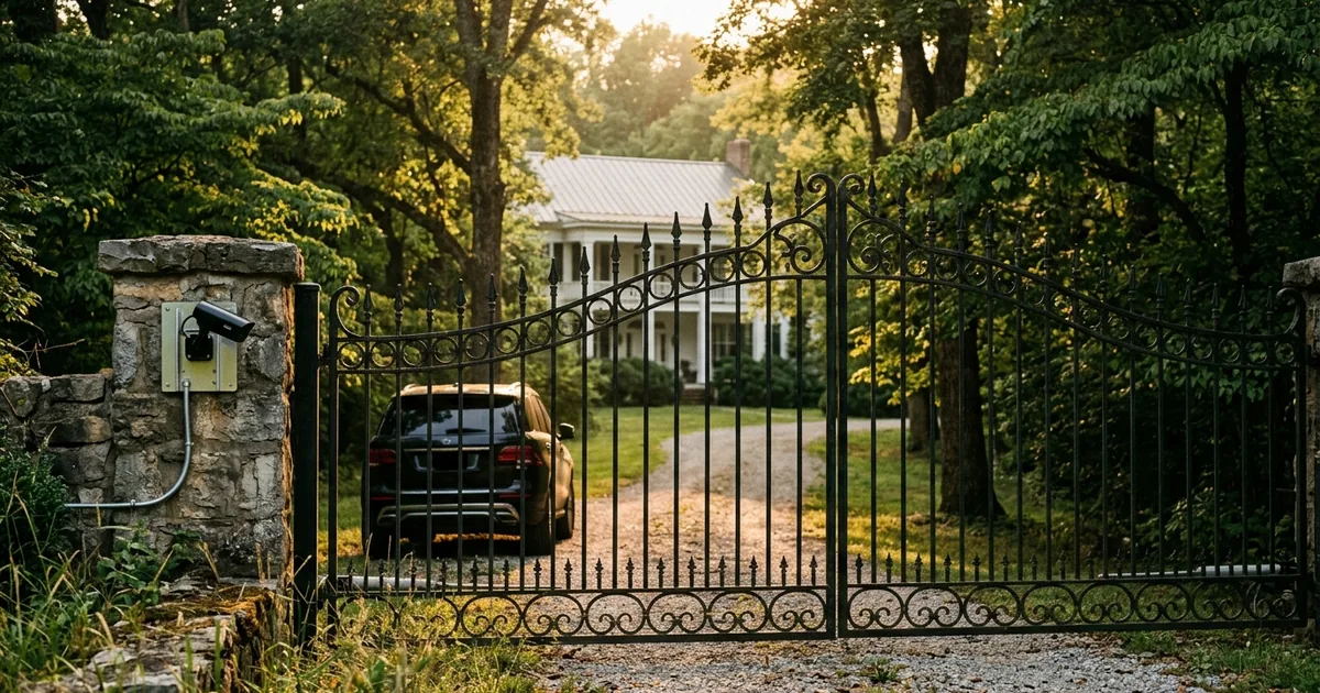 A closed wrought-iron estate gate at golden hour with a newly mounted security camera on the stone gatepost and an unmarked dark SUV parked inside the drive