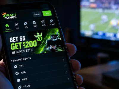 A hand holds a smartphone showing the DraftKings app with a bet five dollars get two hundred in bonus bets banner, a football game playing on a television in the background