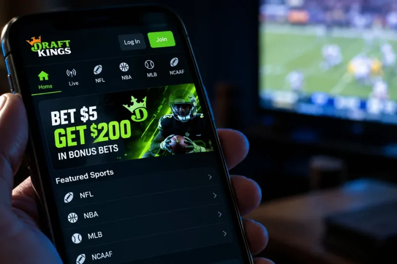 A hand holds a smartphone showing the DraftKings app with a bet five dollars get two hundred in bonus bets banner, a football game playing on a television in the background