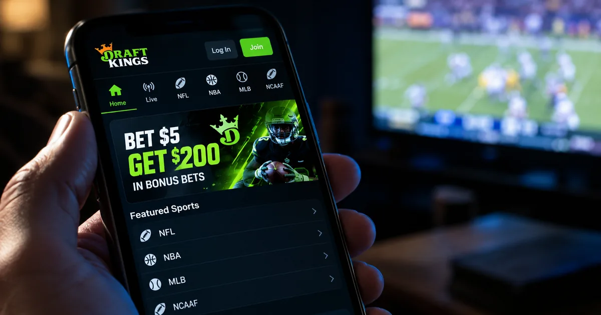 A hand holds a smartphone showing the DraftKings app with a bet five dollars get two hundred in bonus bets banner, a football game playing on a television in the background
