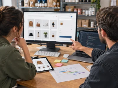 A store owner and a web developer review an online storefront on a monitor in a small retail workroom