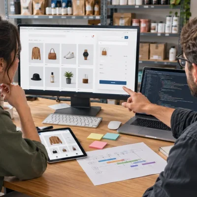 A store owner and a web developer review an online storefront on a monitor in a small retail workroom