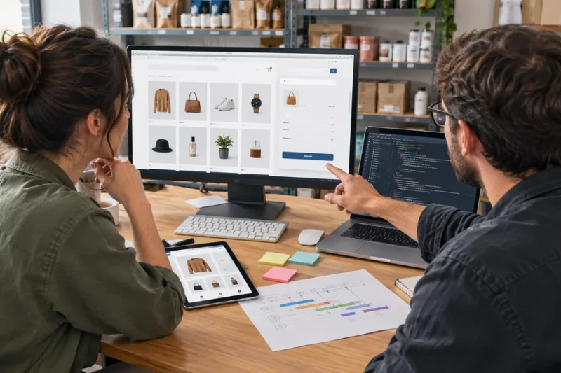 A store owner and a web developer review an online storefront on a monitor in a small retail workroom