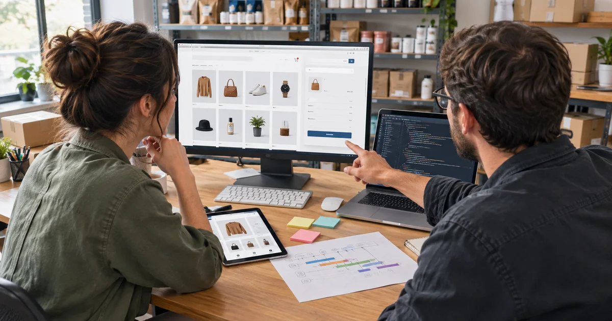 A store owner and a web developer review an online storefront on a monitor in a small retail workroom