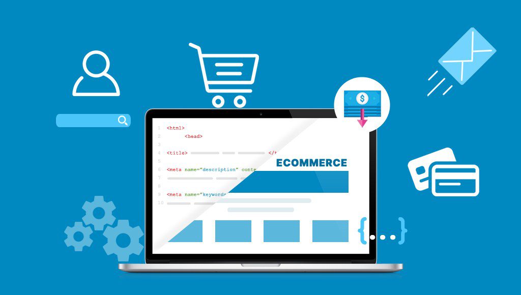 Illustration of a laptop showing ecommerce store code, surrounded by shopping cart, payment card and settings icons