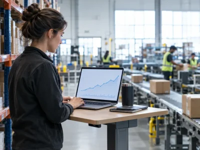 An operations manager checking search traffic growth on a laptop in an eCommerce warehouse