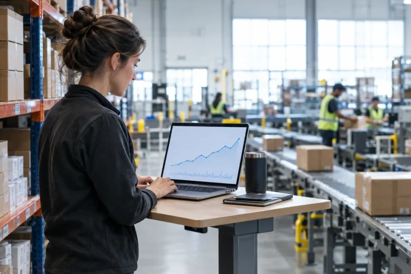 An operations manager checking search traffic growth on a laptop in an eCommerce warehouse