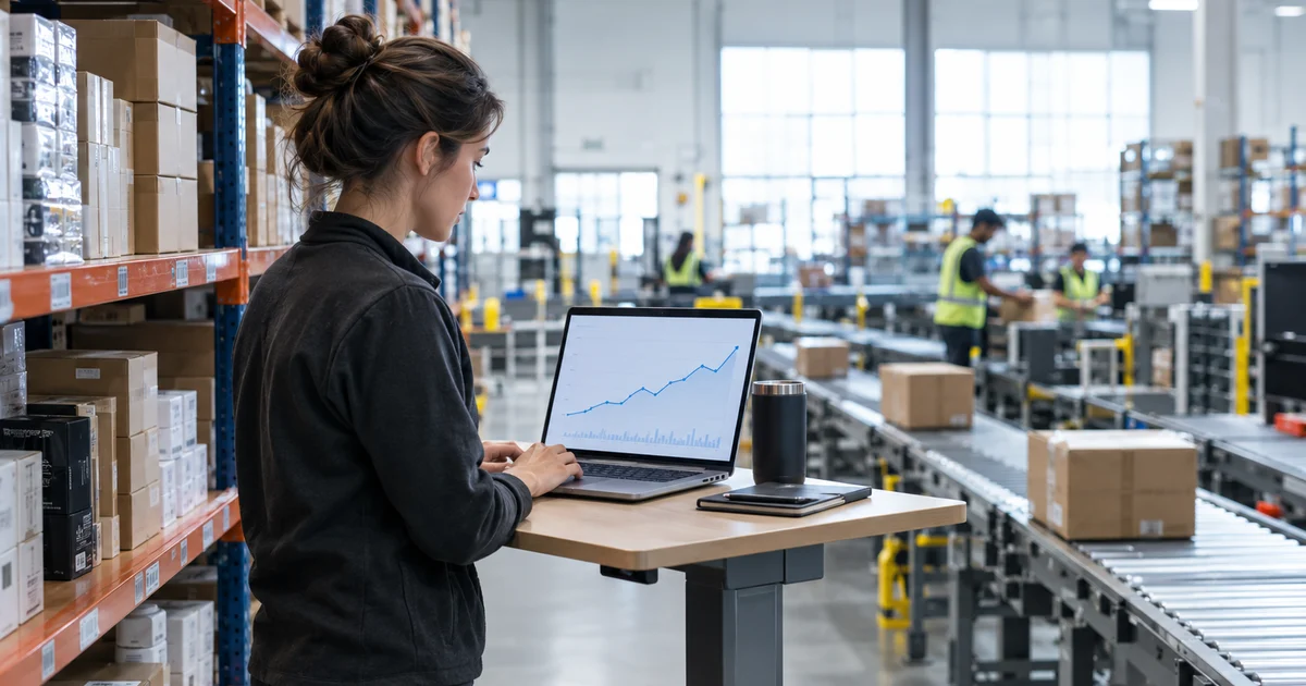 An operations manager checking search traffic growth on a laptop in an eCommerce warehouse