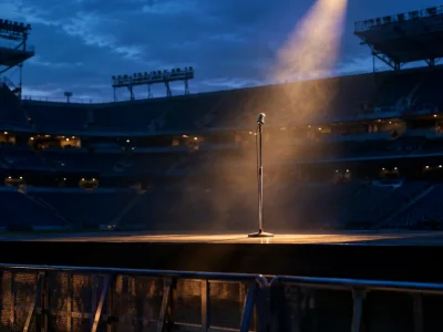 A single microphone on a stand stands alone in a spotlight on an otherwise empty stadium stage at dusk, with empty crowd barriers in front and unlit seating behind