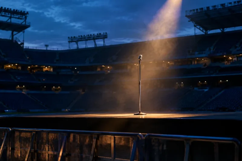 A single microphone on a stand stands alone in a spotlight on an otherwise empty stadium stage at dusk, with empty crowd barriers in front and unlit seating behind
