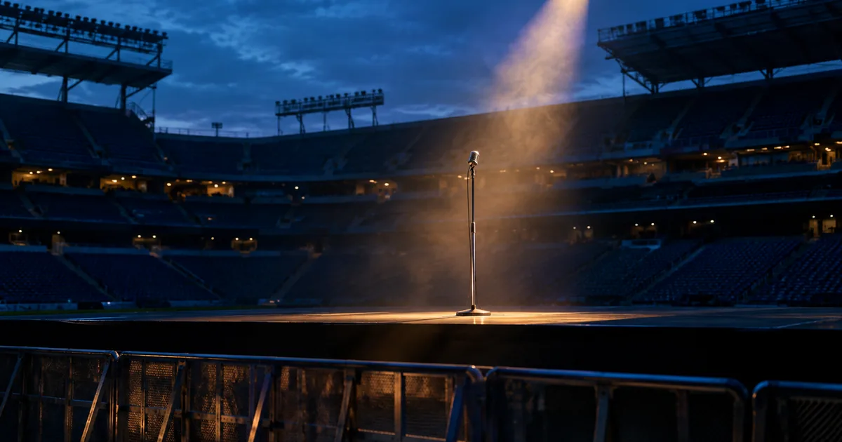 A single microphone on a stand stands alone in a spotlight on an otherwise empty stadium stage at dusk, with empty crowd barriers in front and unlit seating behind