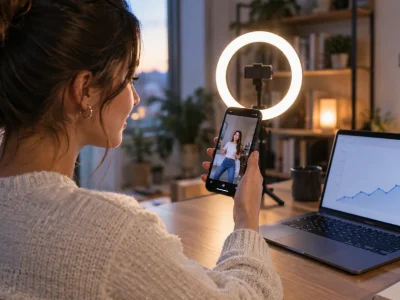 A content creator reviewing a short vertical video and an analytics graph in a home studio