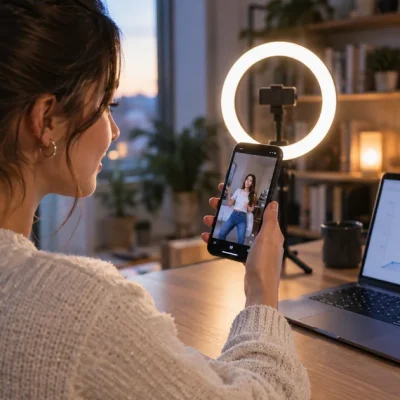 A content creator reviewing a short vertical video and an analytics graph in a home studio