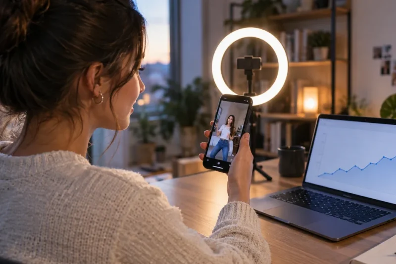 A content creator reviewing a short vertical video and an analytics graph in a home studio