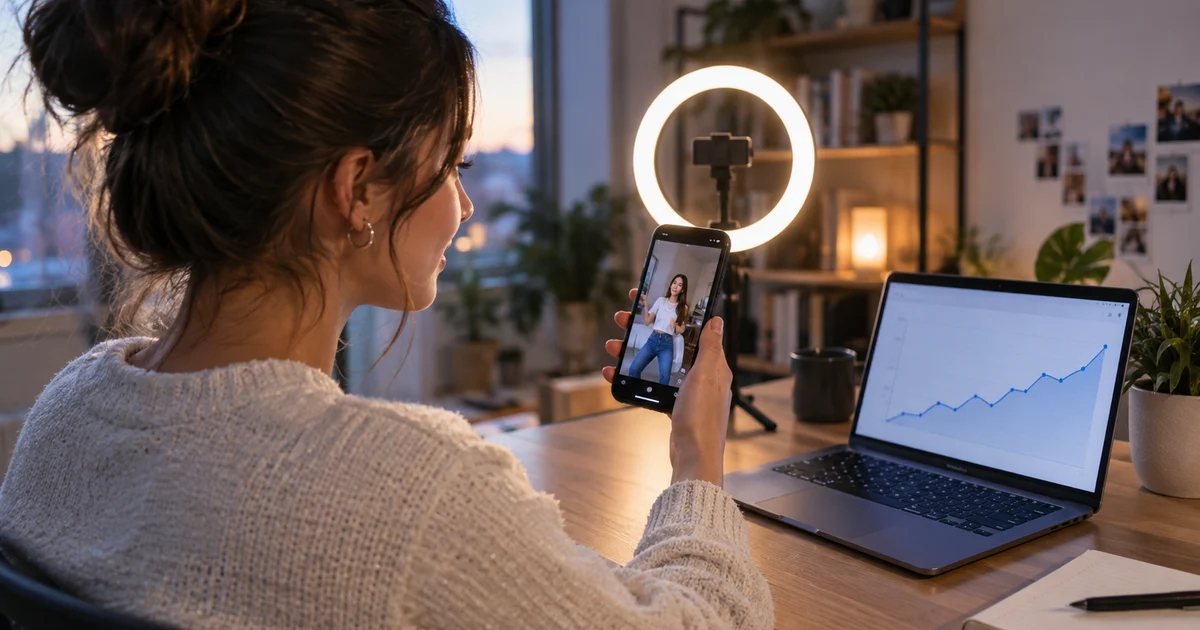 A content creator reviewing a short vertical video and an analytics graph in a home studio