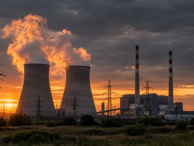 Cooling towers releasing steam plumes lit amber by a low sun behind a lattice of high-voltage transmission lines