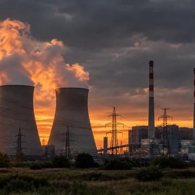 Cooling towers releasing steam plumes lit amber by a low sun behind a lattice of high-voltage transmission lines
