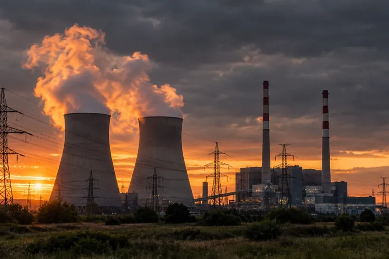 Cooling towers releasing steam plumes lit amber by a low sun behind a lattice of high-voltage transmission lines