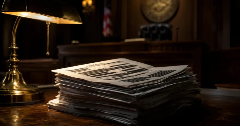 A tall stack of government documents covered in heavy black redaction bars sits under a brass desk lamp in a dim courtroom, an empty judge's bench behind it