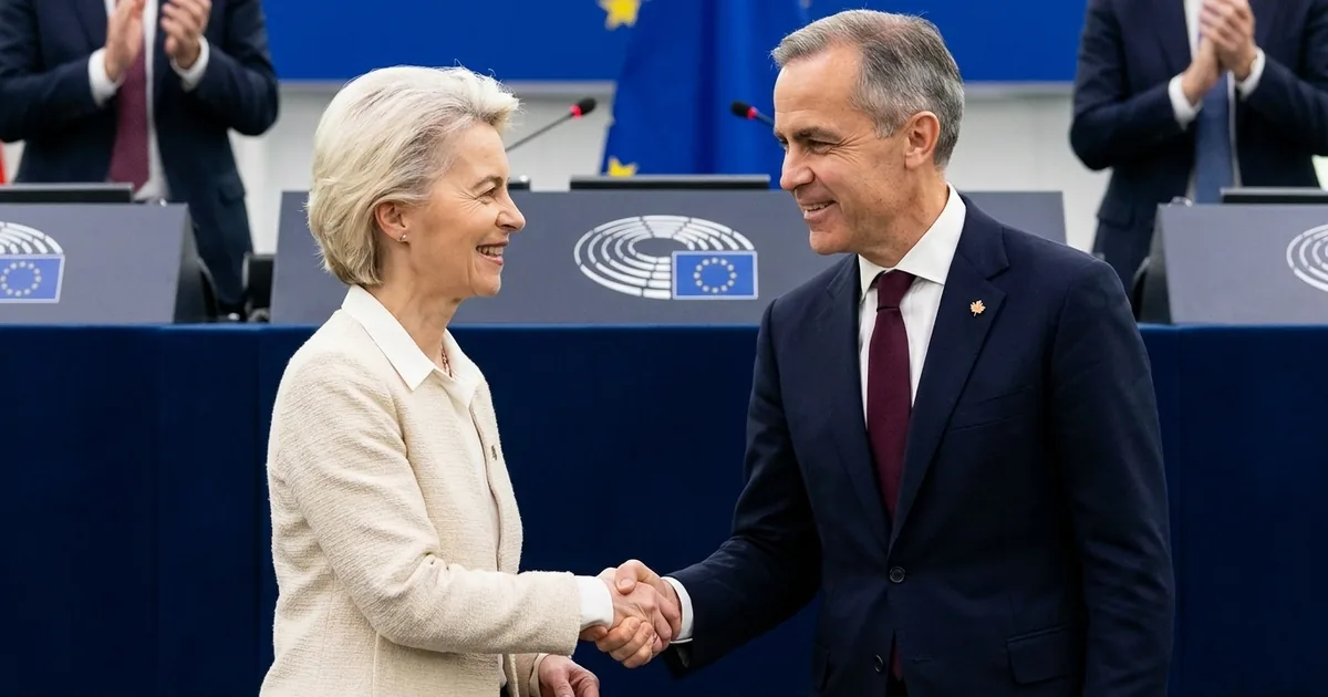 European Commission President Ursula von der Leyen shakes hands with Canadian Prime Minister Mark Carney in front of the European Parliament rostrum in Strasbourg as lawmakers applaud