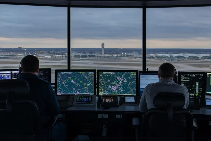 Two air traffic controllers seen from behind at a bank of radar and flight data screens inside a control tower, with runways and a distant tower visible through the windows at dusk
