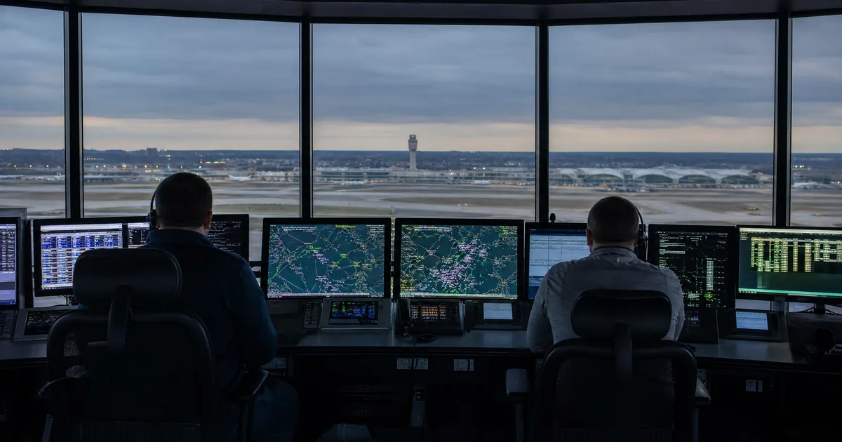 Two air traffic controllers seen from behind at a bank of radar and flight data screens inside a control tower, with runways and a distant tower visible through the windows at dusk