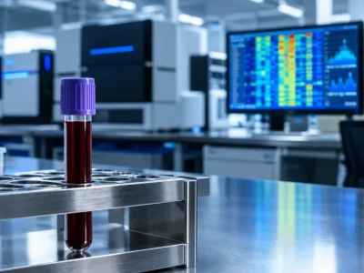 A capped vial of blood in a steel rack on a lab bench, with sequencing instruments and monitors displaying colored DNA methylation heatmaps blurred in the background