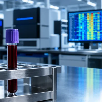 A capped vial of blood in a steel rack on a lab bench, with sequencing instruments and monitors displaying colored DNA methylation heatmaps blurred in the background