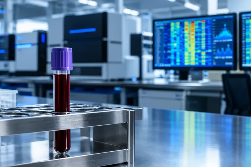 A capped vial of blood in a steel rack on a lab bench, with sequencing instruments and monitors displaying colored DNA methylation heatmaps blurred in the background