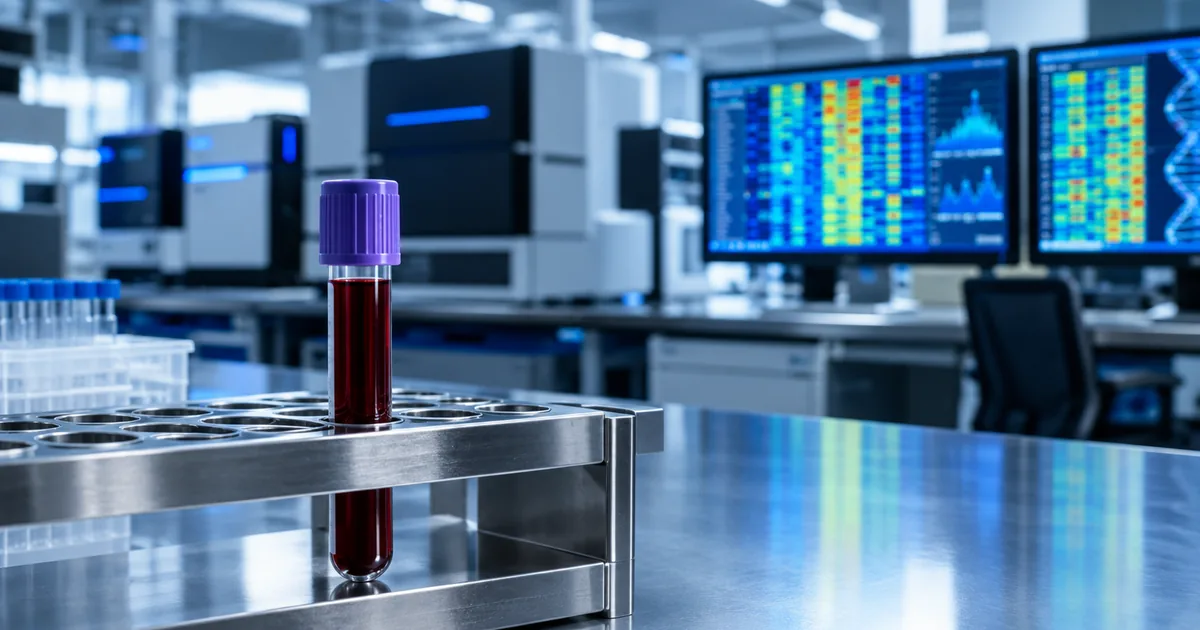 A capped vial of blood in a steel rack on a lab bench, with sequencing instruments and monitors displaying colored DNA methylation heatmaps blurred in the background