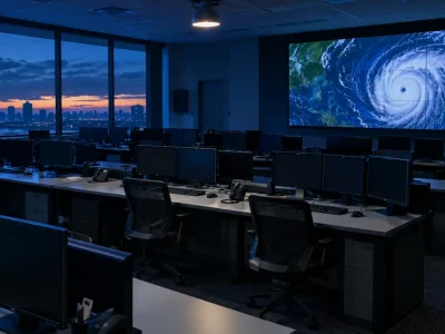 Rows of empty workstations with dark monitors in an emergency operations center, a wall screen showing a satellite image of a swirling storm