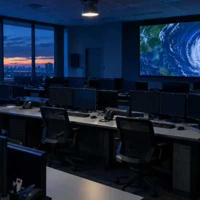 Rows of empty workstations with dark monitors in an emergency operations center, a wall screen showing a satellite image of a swirling storm