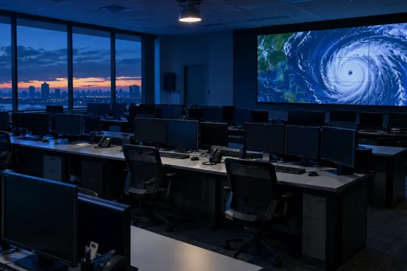 Rows of empty workstations with dark monitors in an emergency operations center, a wall screen showing a satellite image of a swirling storm