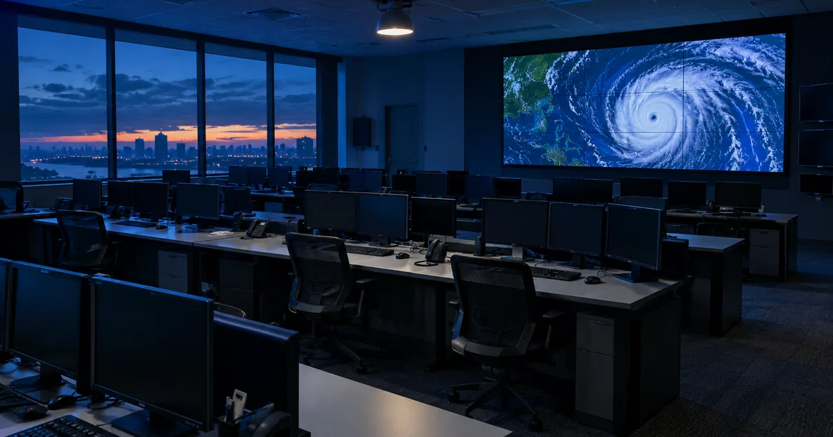 Rows of empty workstations with dark monitors in an emergency operations center, a wall screen showing a satellite image of a swirling storm