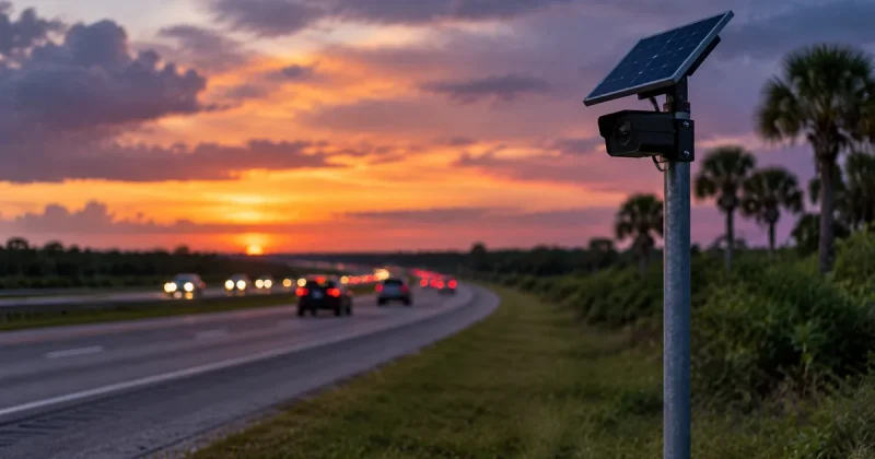 A pole-mounted automated license plate reader camera stands on the grassy shoulder of a Florida highway at dusk, with car light trails and palms behind it