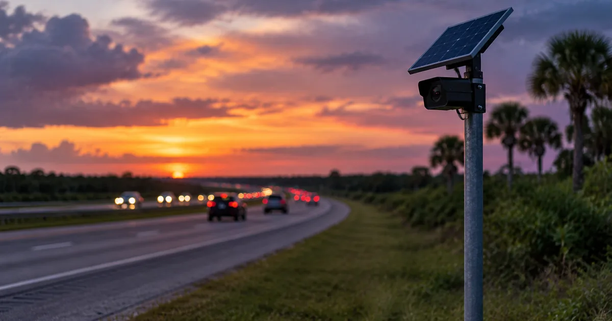 A pole-mounted automated license plate reader camera stands on the grassy shoulder of a Florida highway at dusk, with car light trails and palms behind it