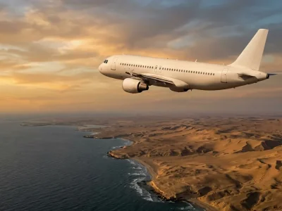 White passenger jet in flight over a desert coastline at dawn