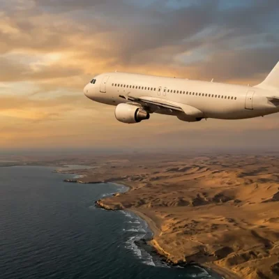 White passenger jet in flight over a desert coastline at dawn