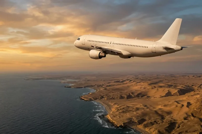 White passenger jet in flight over a desert coastline at dawn
