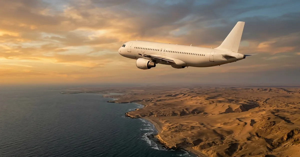 White passenger jet in flight over a desert coastline at dawn