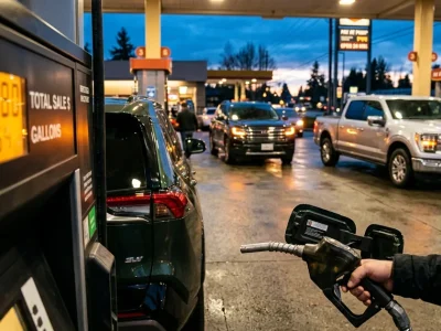 Hand holding a fuel nozzle beside a glowing gas pump display, with SUVs and pickup trucks lined up at the station at dusk