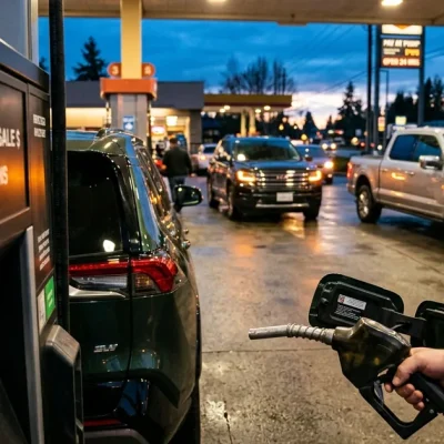 Hand holding a fuel nozzle beside a glowing gas pump display, with SUVs and pickup trucks lined up at the station at dusk