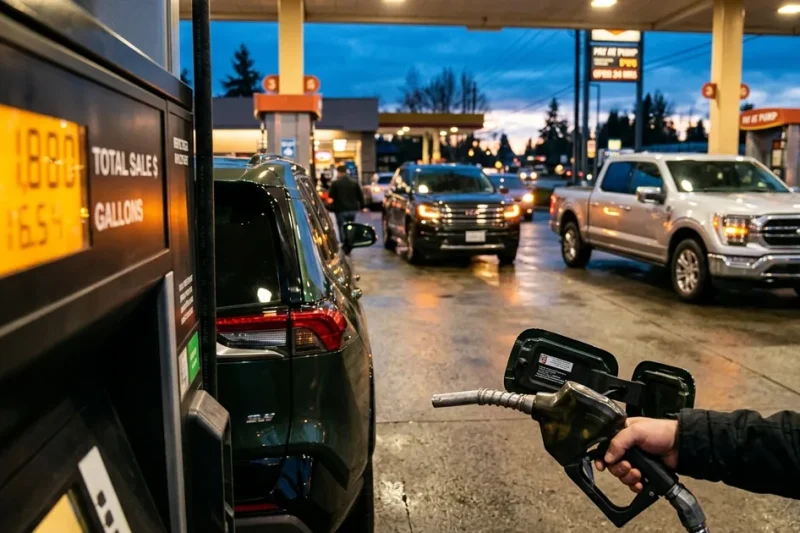 Hand holding a fuel nozzle beside a glowing gas pump display, with SUVs and pickup trucks lined up at the station at dusk
