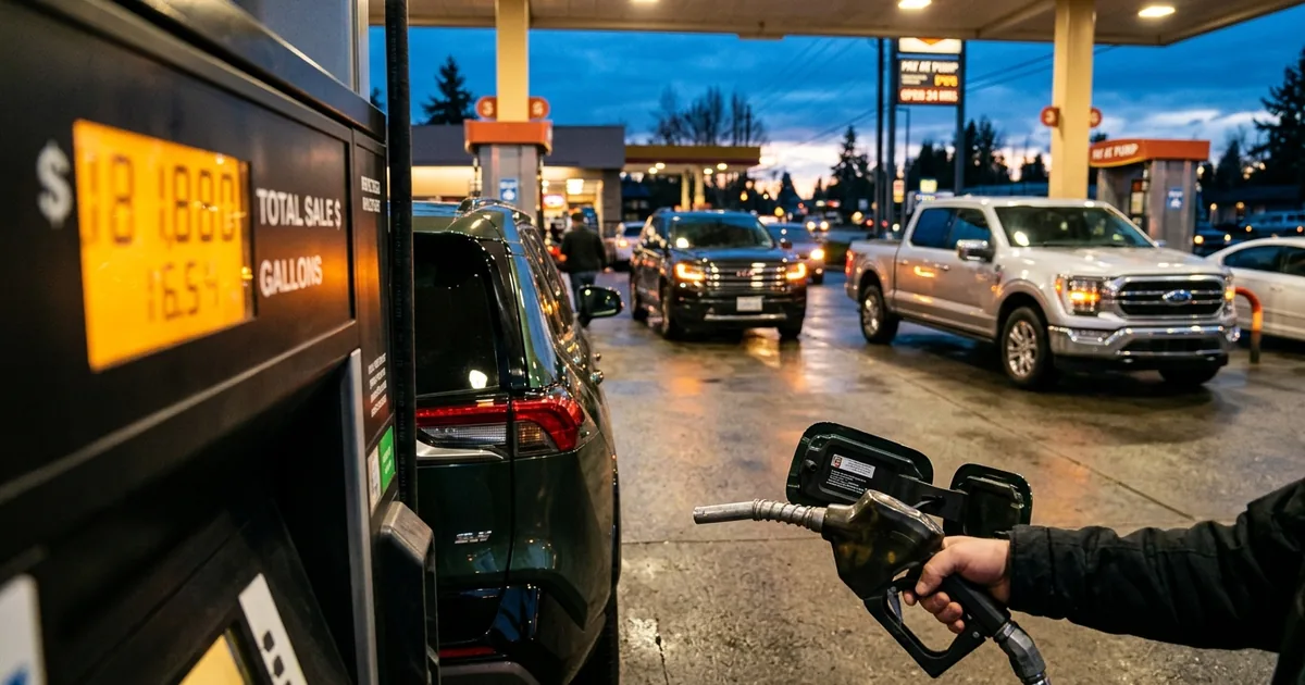 Hand holding a fuel nozzle beside a glowing gas pump display, with SUVs and pickup trucks lined up at the station at dusk