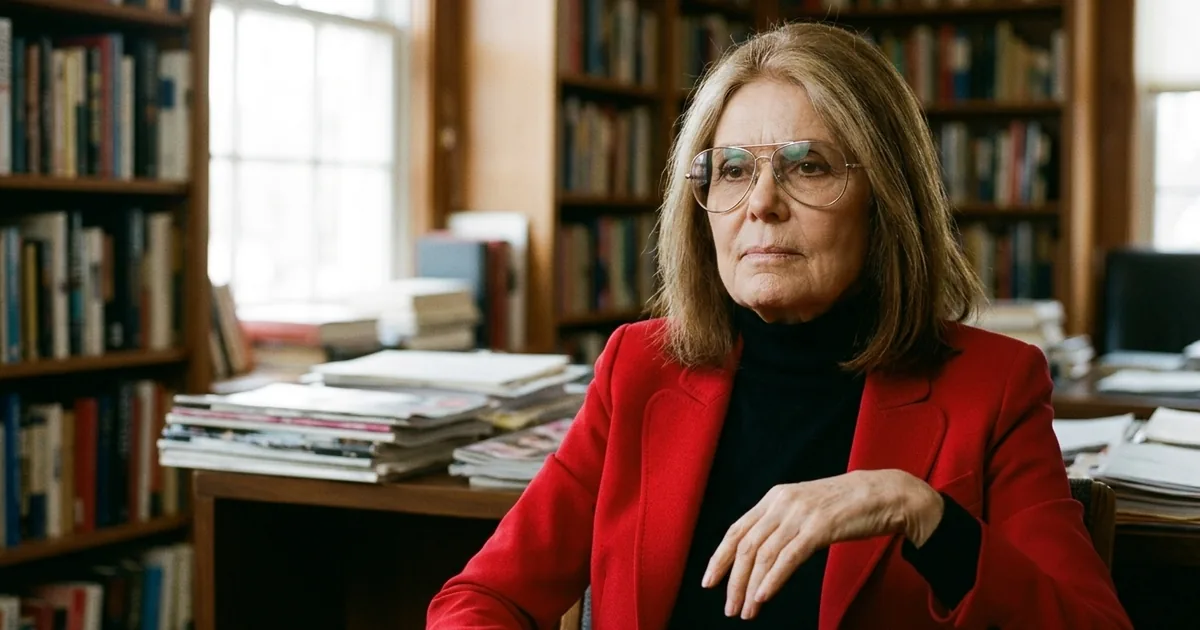 Gloria Steinem, silver-blonde hair parted in the middle and wearing her signature aviator glasses and a red blazer, sits at a desk stacked with periodicals in a book-lined room