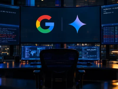 An empty chair in a darkened security operations center faces a curved monitor wall showing the Google logo beside the Gemini spark mark, flanked by terminal windows logging failed login attempts in red